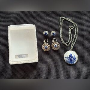 Vintage Handpainted Delft Porcelain Silver Jewelry Earrings and Necklace Holland
